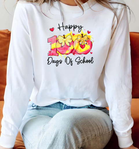 Happy 100 Day Of School Coquette Bow Pencil Teacher T-Shirt Long Sleeved T-shirt
