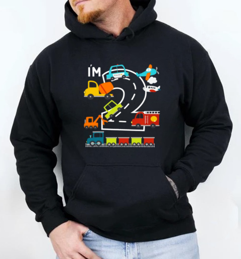 I'm 2 Birthday Boy 2Nd Bday Train Car Fire Truck Police Car T-Shirt Unisex Hoodie