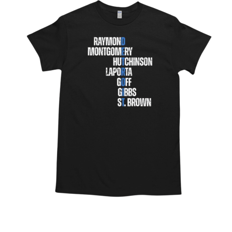 Raymond Montgomery Hutchinson Laporta Goff Gibbs St Brown Detroit 2025 T-Shirt