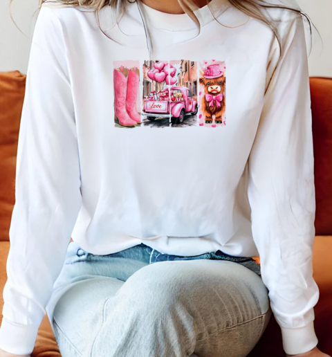 Retro Valentines Day Town Western Highland Cow T-Shirt Long Sleeved T-shirt