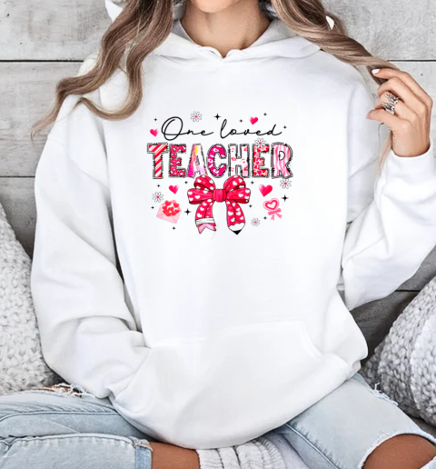 Teacher Valentine's Day One Loved Teacher Coquette Bow Retro T-Shirt Unisex Hoodie