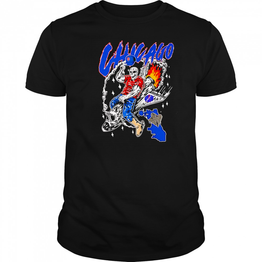 Skeleton riding space ship Chicago Cubs shirt