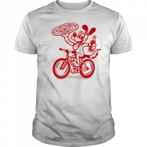 Dog riding bike with Pizza and soda shirt