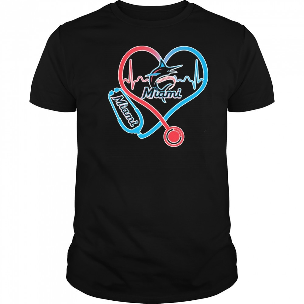 Miami Marlins Caring Hearts Nurse Stethoscope Heartbeat T-shirt