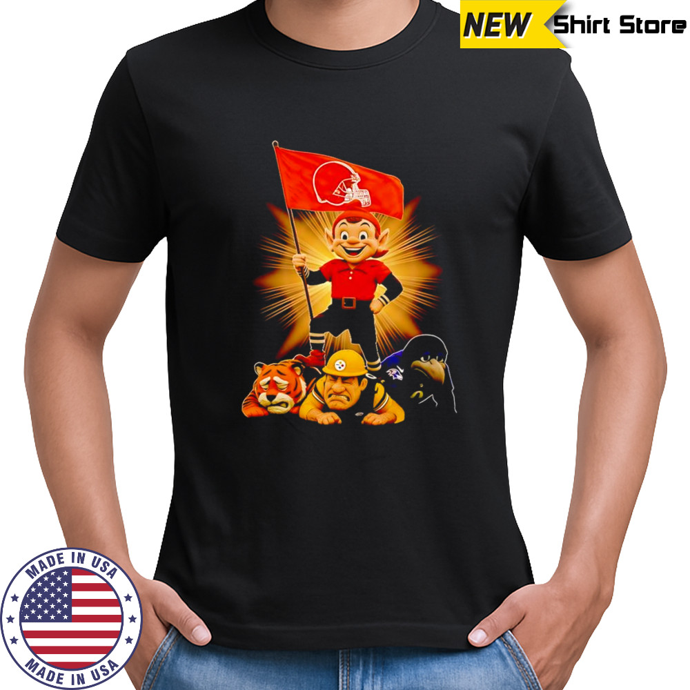 Cleveland Browns mascot standing with flag shirt