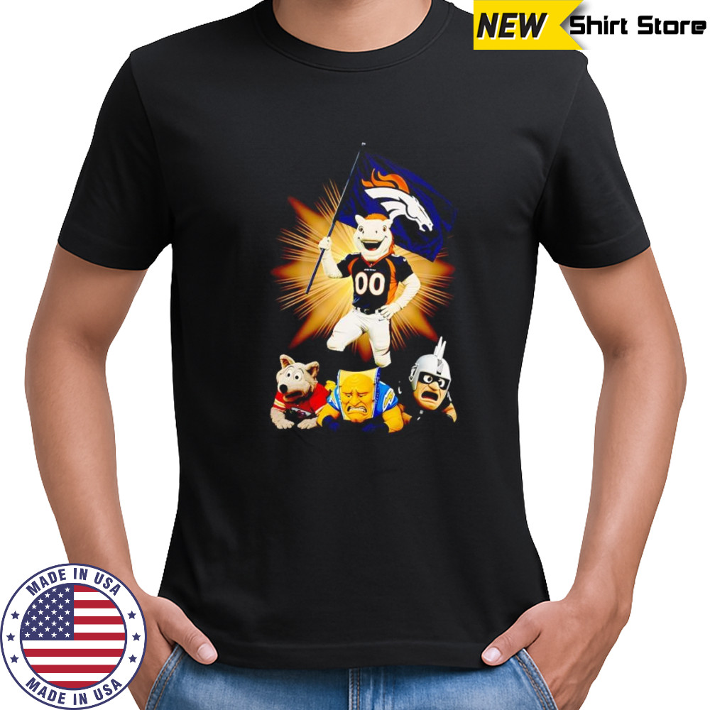 Denver Broncos mascot standing with flag shirt