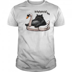 Disassociating chonky cat on a swan floatie shirt