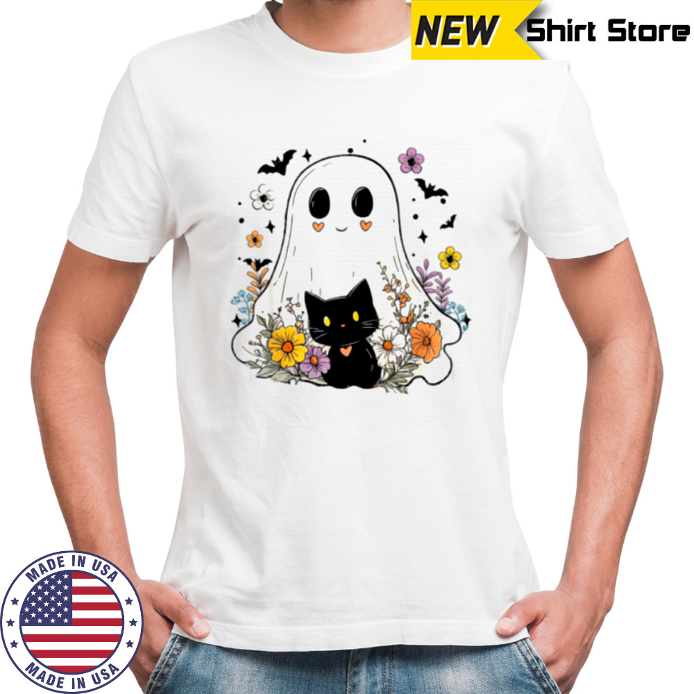Floral Ghost Black Cat Halloween Costume Shirt