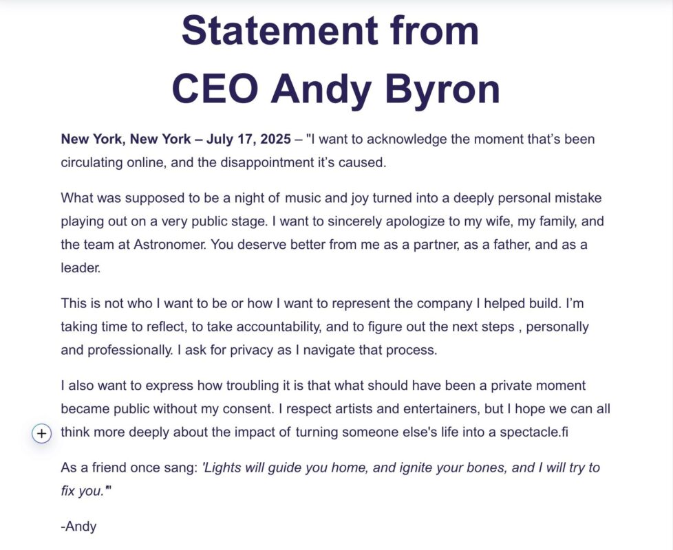 A text purported to be an apology from Andy Byron is being shared on social media.