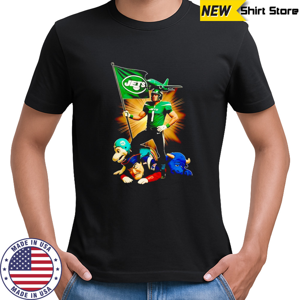 New York Jets mascot standing with flag shirt