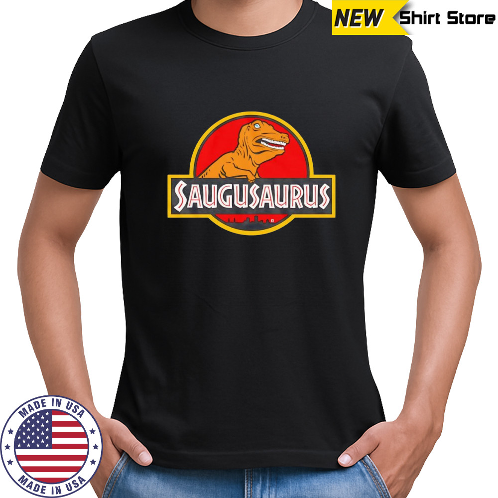 Saugusaurus Orange Dinosaur logo shirt