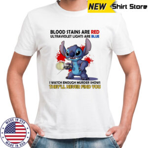 Stitch blood stains are red ultraviolet lights are blue shirt