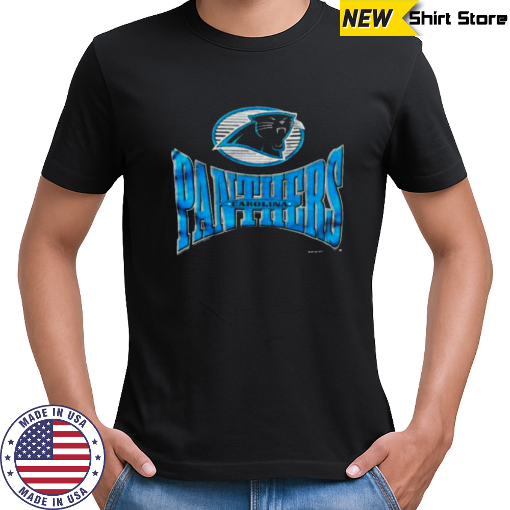 1996 Carolina Panthers Vintage Black Logo 7 Squeeze Spellout Logo NFL Shirt