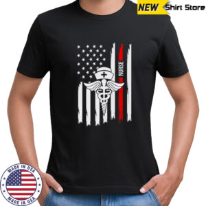 American Flag Nurse Caduceus Red Stripe Nurse Cap Healthcare Heroes T-Shirt