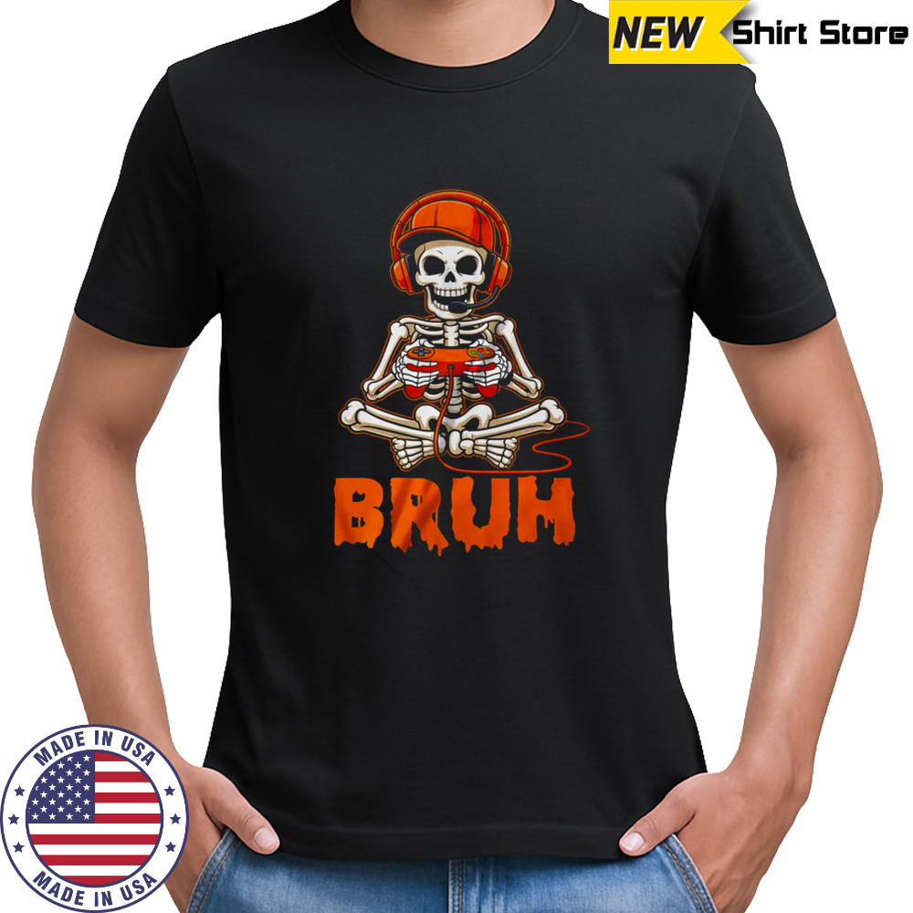 Bruh Halloween Boys Kids Gamer Mens Skeleton Video Gaming shirt