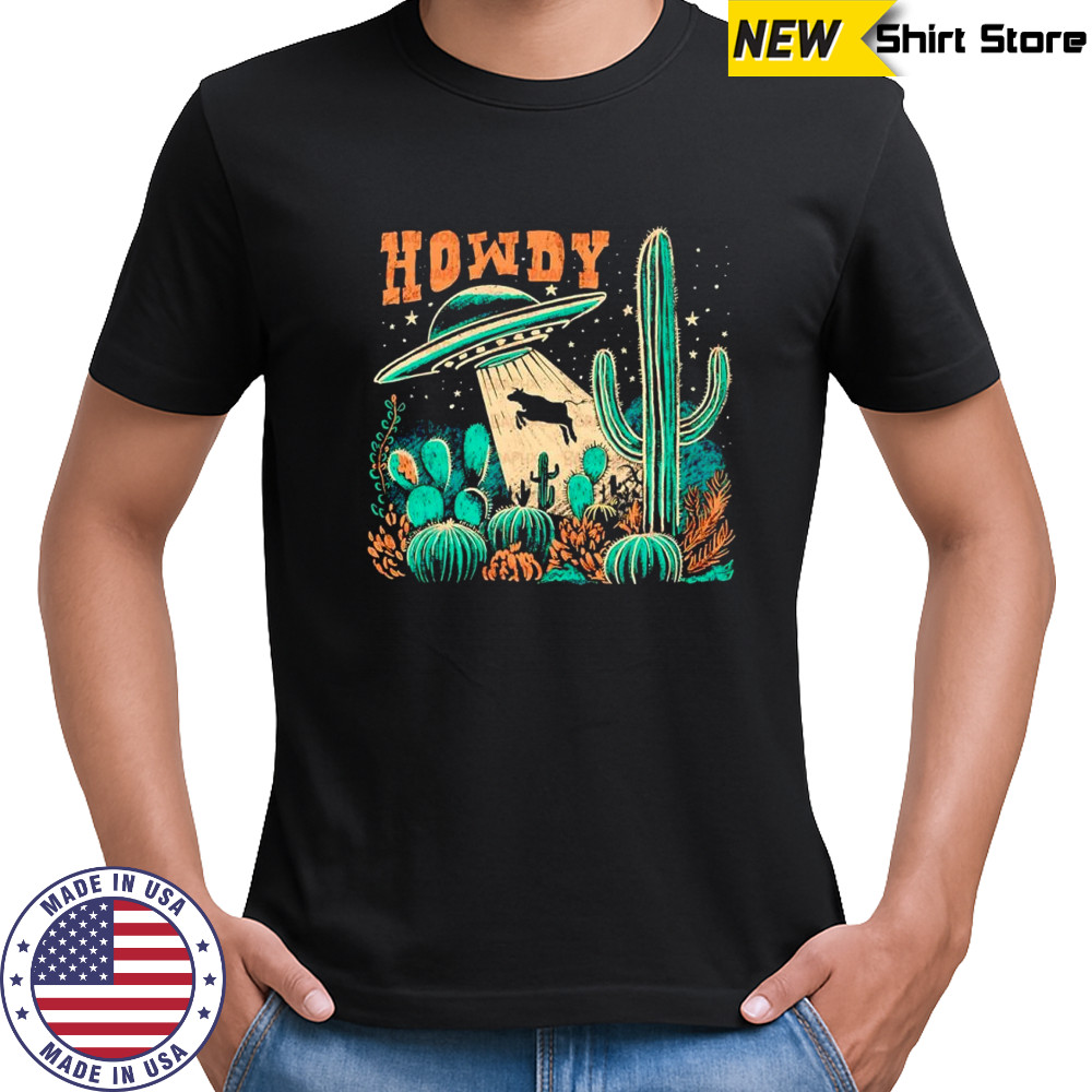Howdy western UFO abducts cow vintage cowboy alien graphic shirt