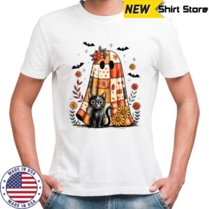 Patchwork Halloween Ghost And Cat Png Retro Spooky Floral shirt