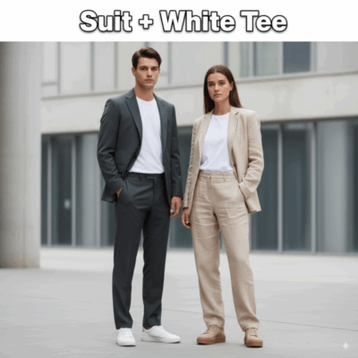 White Tee + Suit (High-Low Mix)