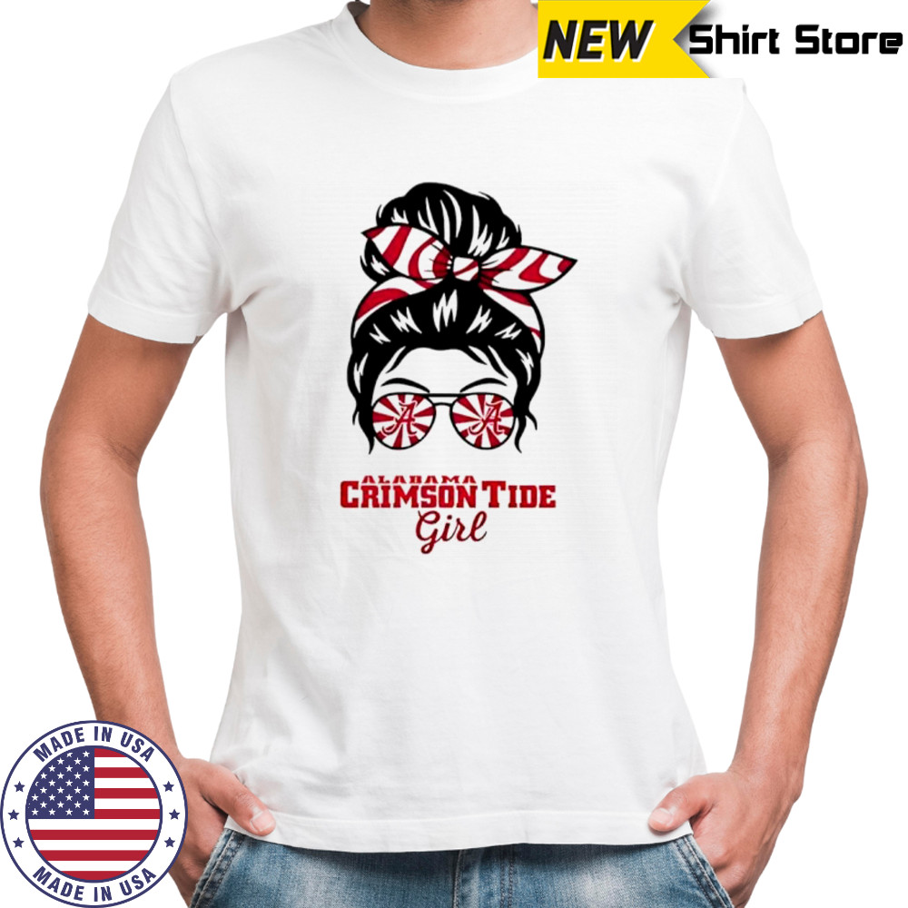 Alabama Crimson Tide girl messy bun glasses shirt