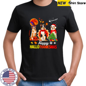 Happy Hallothanksmas Halloween Thanksgiving Christmas with Australian Shepherd dogs shirt
