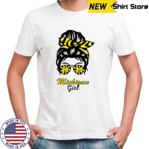 Michigan Wolverines girl messy bun glasses shirt