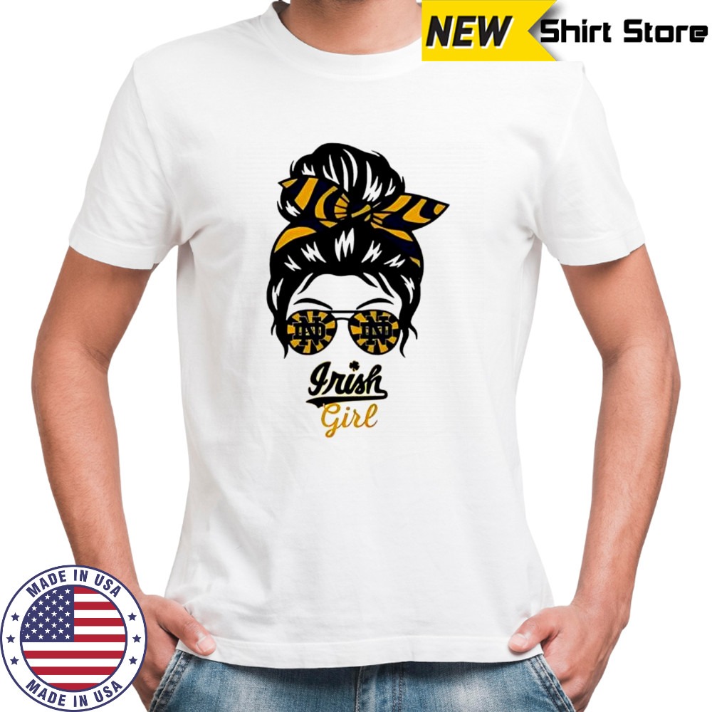 Notre Dame Fighting Irish girl messy bun glasses shirt