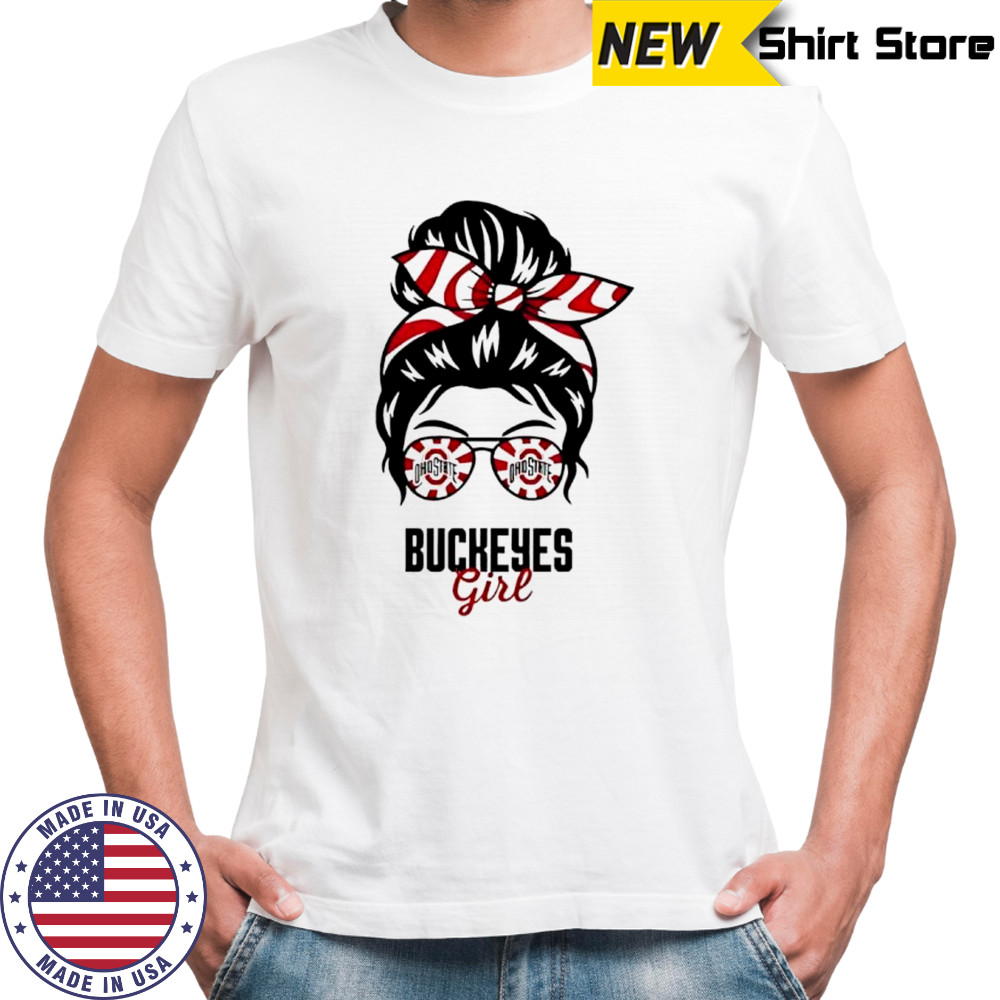 Ohio State Buckeyes girl messy bun glasses shirt