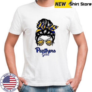 Pitt Panthers girl messy bun glasses shirt