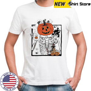 Pumpkin Skeleton Drinking Coffee happy Halloween shirt