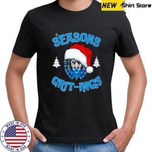 Seasons Grit-ings blue fur lion wearing Santa hat Christmas trees shirt