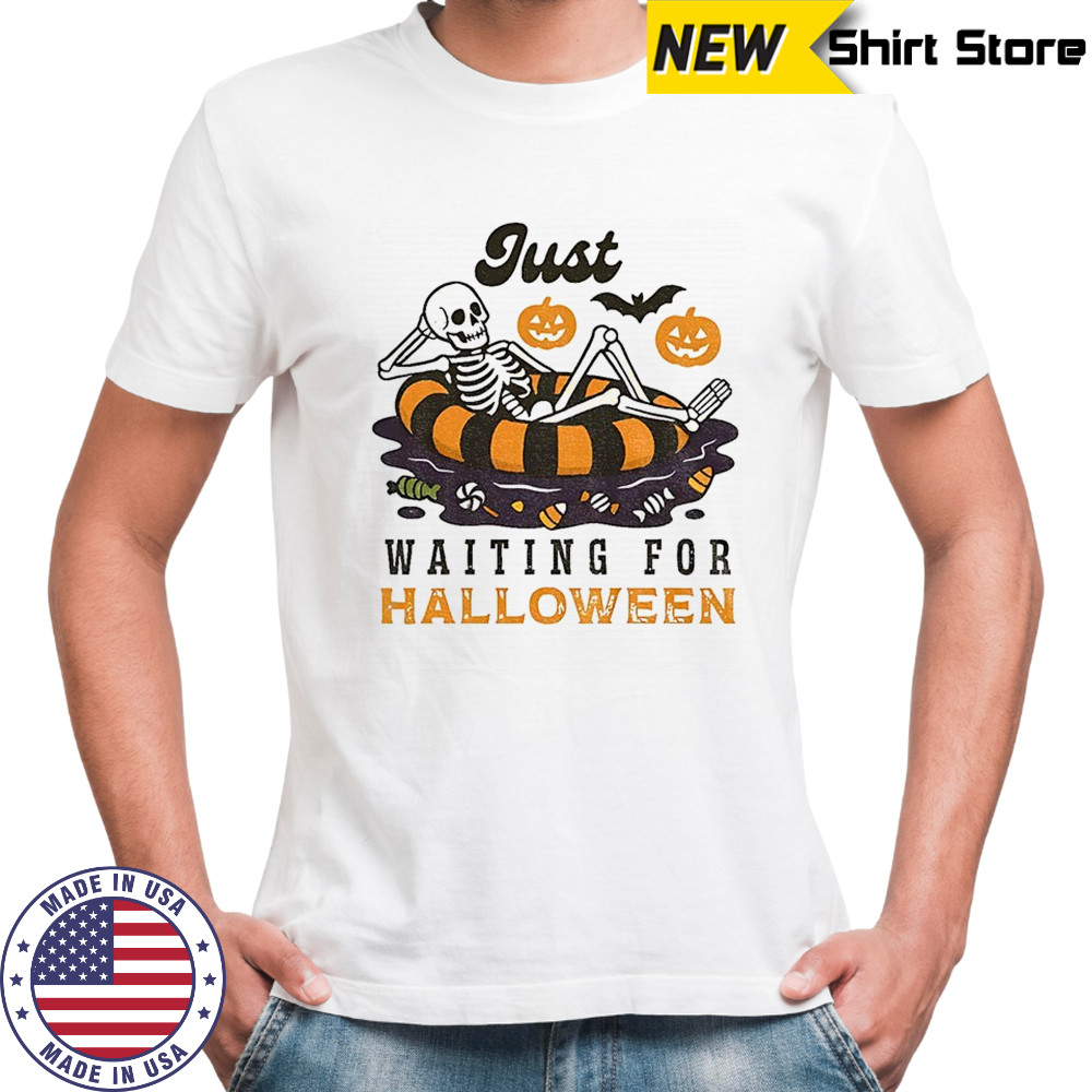 Skeleton summer beach just waiting for Happy Halloween 2025 shirt