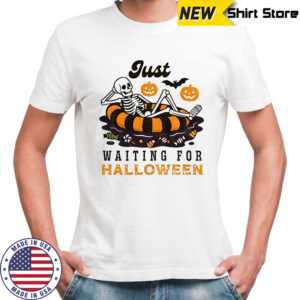 Skeleton summer beach just waiting for Happy Halloween 2025 shirt