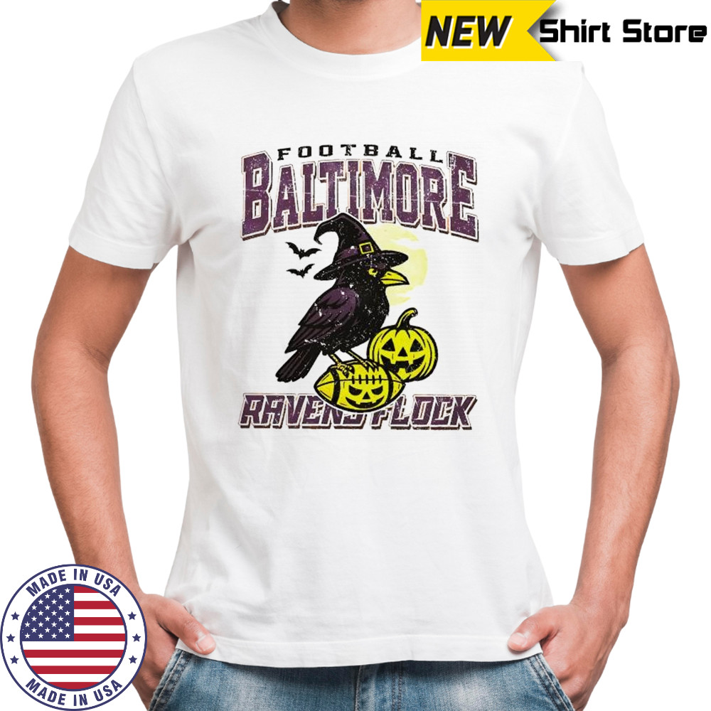 Spooky crow witch pumpkin football Baltimore Ravens Flock shirt