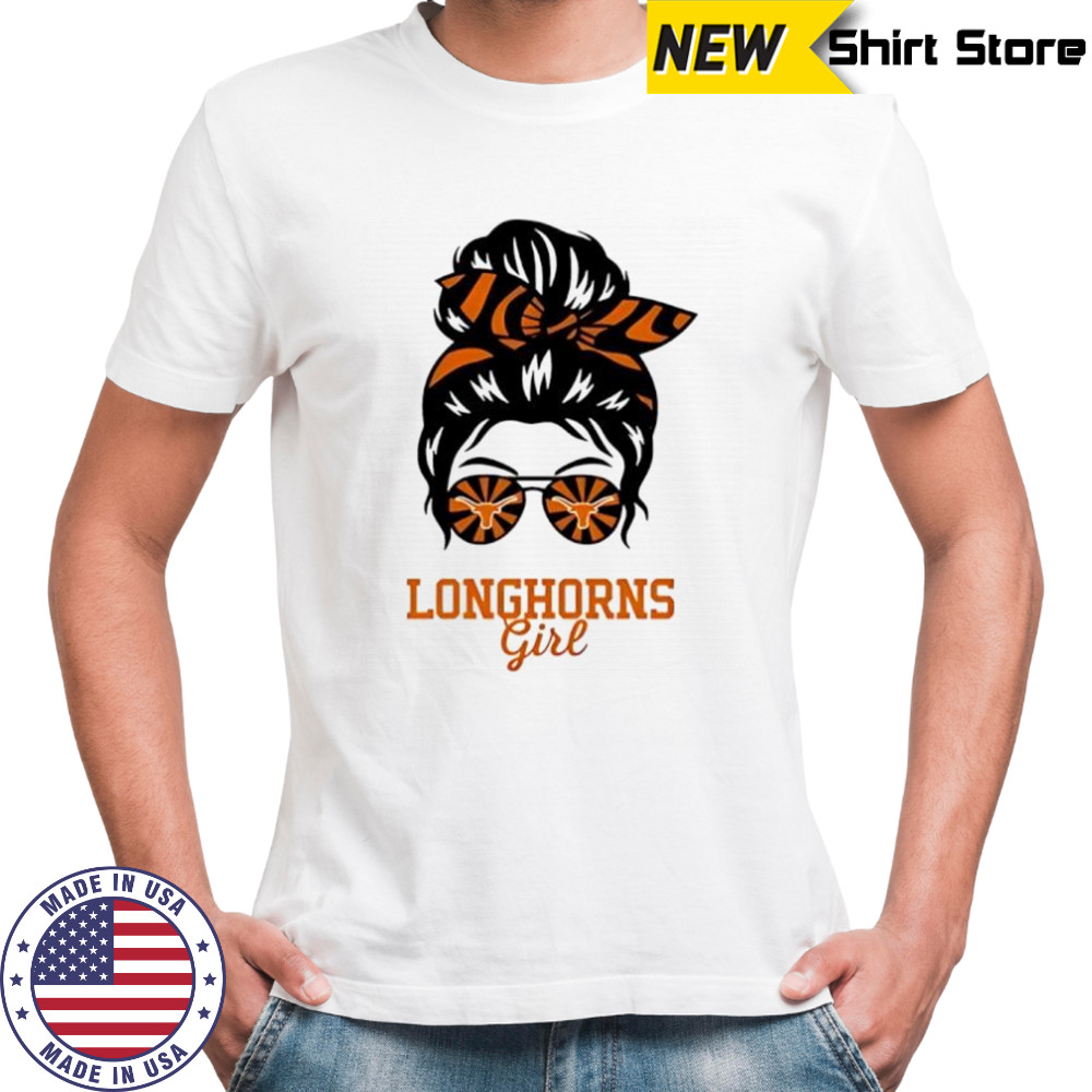 Texas Longhorns girl messy bun glasses shirt