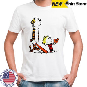 Calvin and Hobbes holding a baseball glove shirt