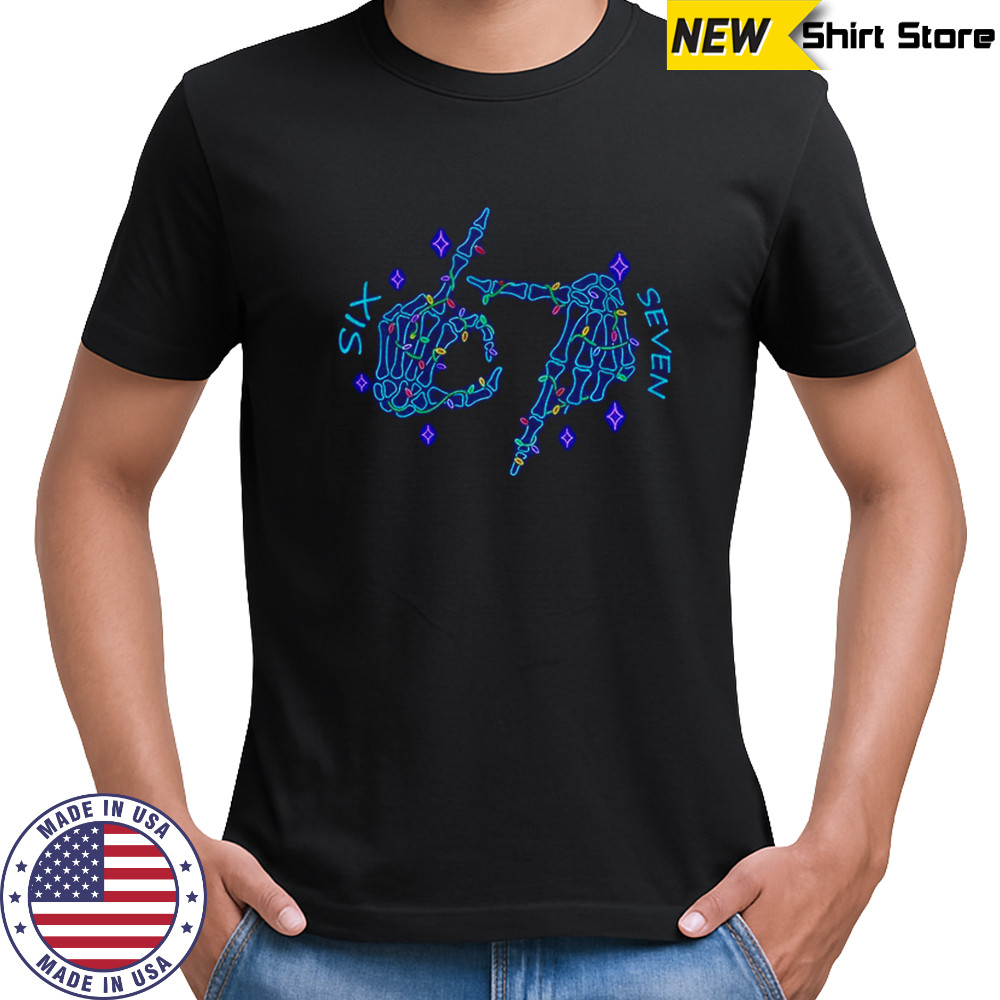 Funny Six Seven Meme Christmas Neon Skeleton hand shirt
