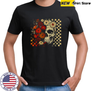 Funny skull checkered skeleton floral spooky season Halloween shirt