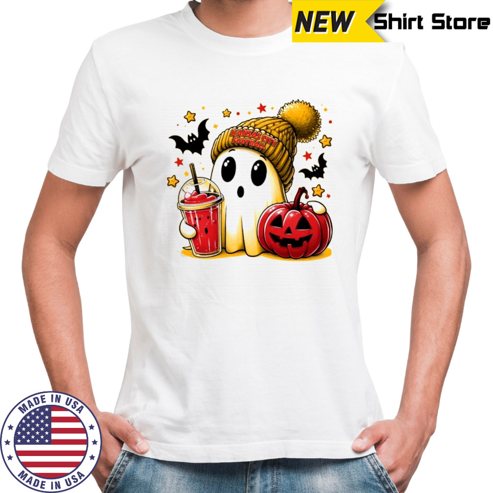 Ghost Halloween x Kansas City Chiefs football beanie pumpkin bats shirt